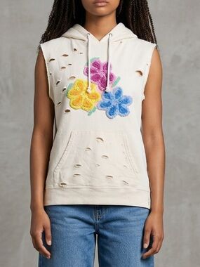 Tricia Fix Free People Hooded Sleeveless 3D Floral Chenille Sm Ivory Cotton L.A.